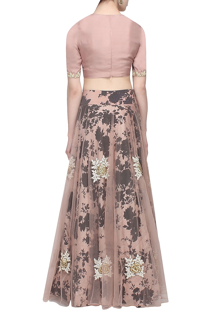 Pale pink and black rose printed flared lehenga set with pale pink blouse available only at Pernia's Pop Up Shop.