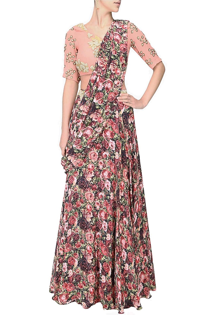 Red and pink rose printed lehnga saree with pale pink rose embroidered blouse available only at Pernia's Pop Up Shop.