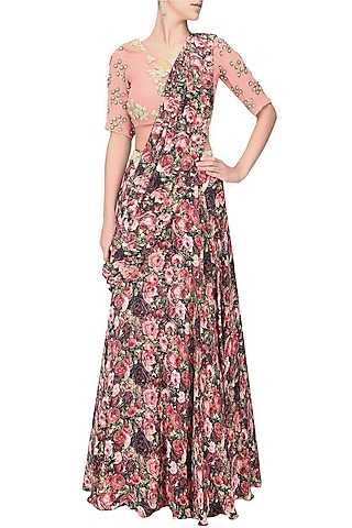 Red and pink rose printed lehnga saree with pale pink rose embroidered blouse by Bhumika Sharma