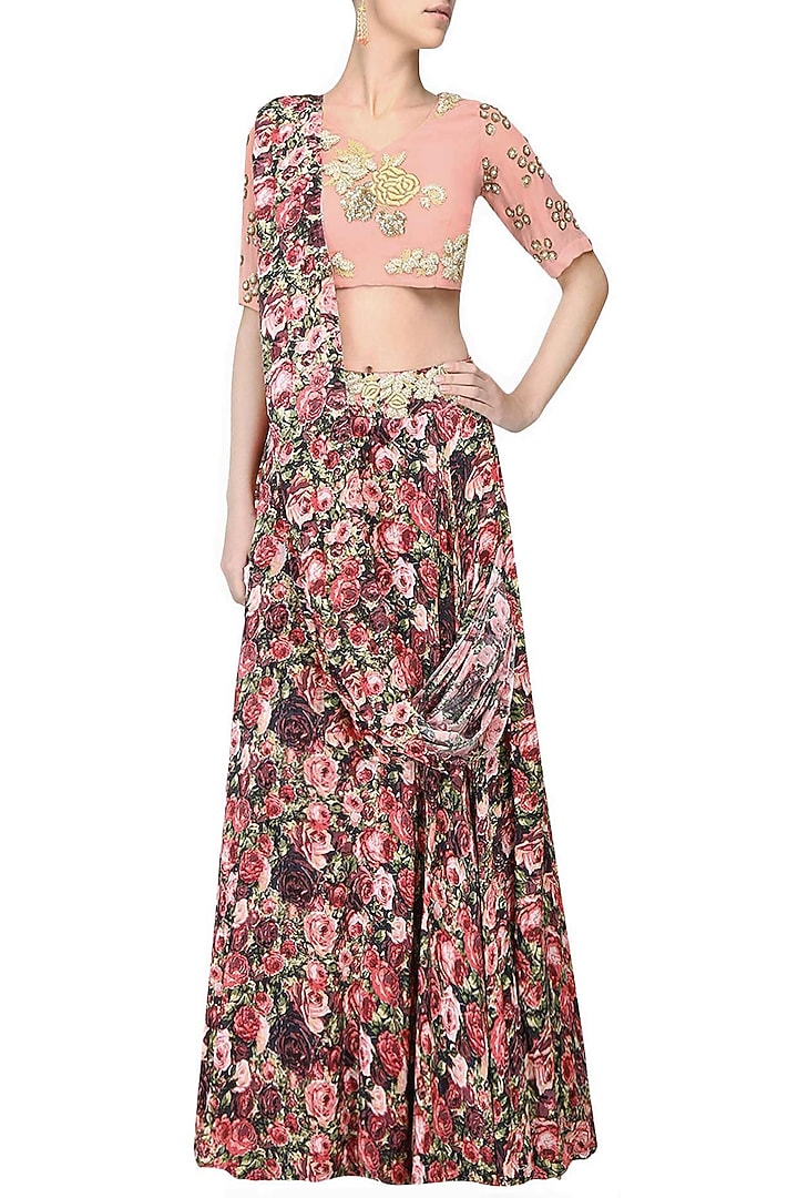 Red and pink rose printed lehnga saree with pale pink rose embroidered blouse available only at Pernia's Pop Up Shop.