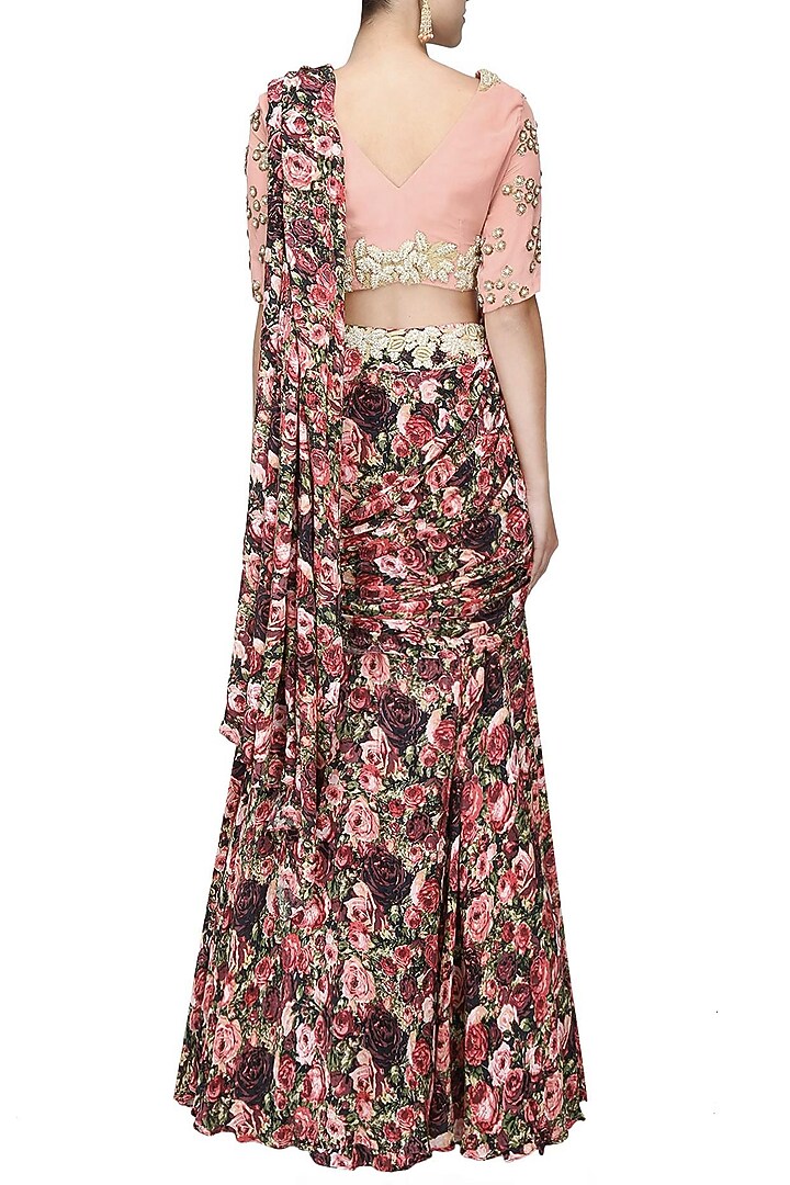 Red and pink rose printed lehnga saree with pale pink rose embroidered blouse available only at Pernia's Pop Up Shop.