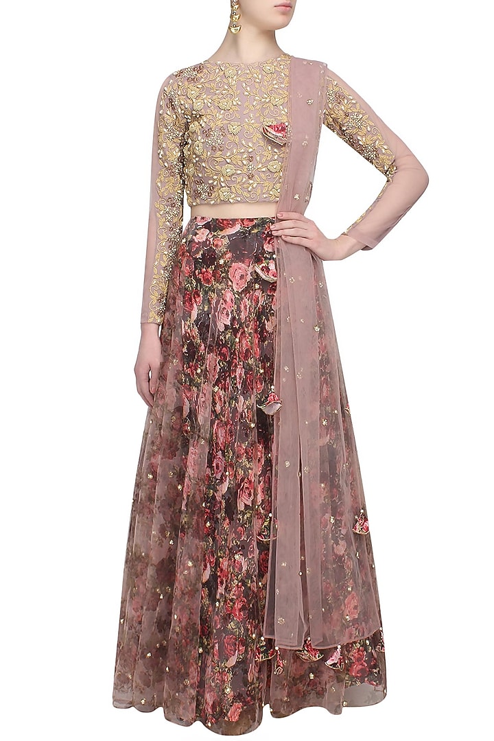 Lilac and red rose printed flared lehenga set with lilac blouse available only at Pernia's Pop Up Shop.