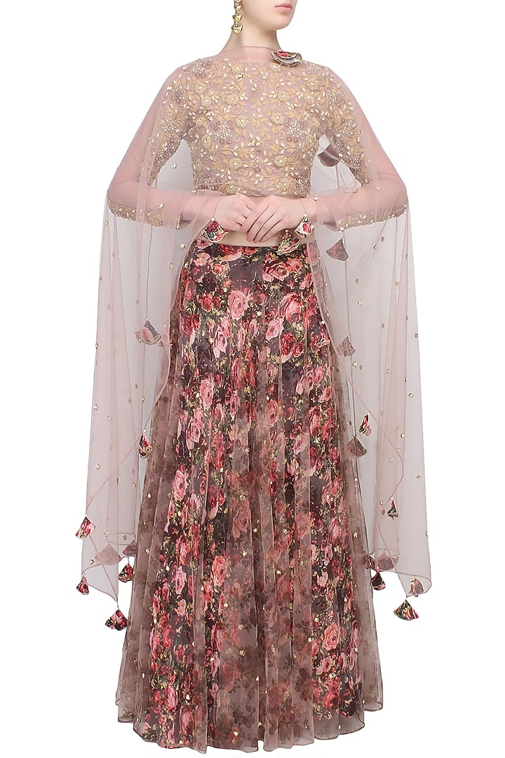 Lilac and red rose printed flared lehenga set with lilac blouse available only at Pernia's Pop Up Shop.