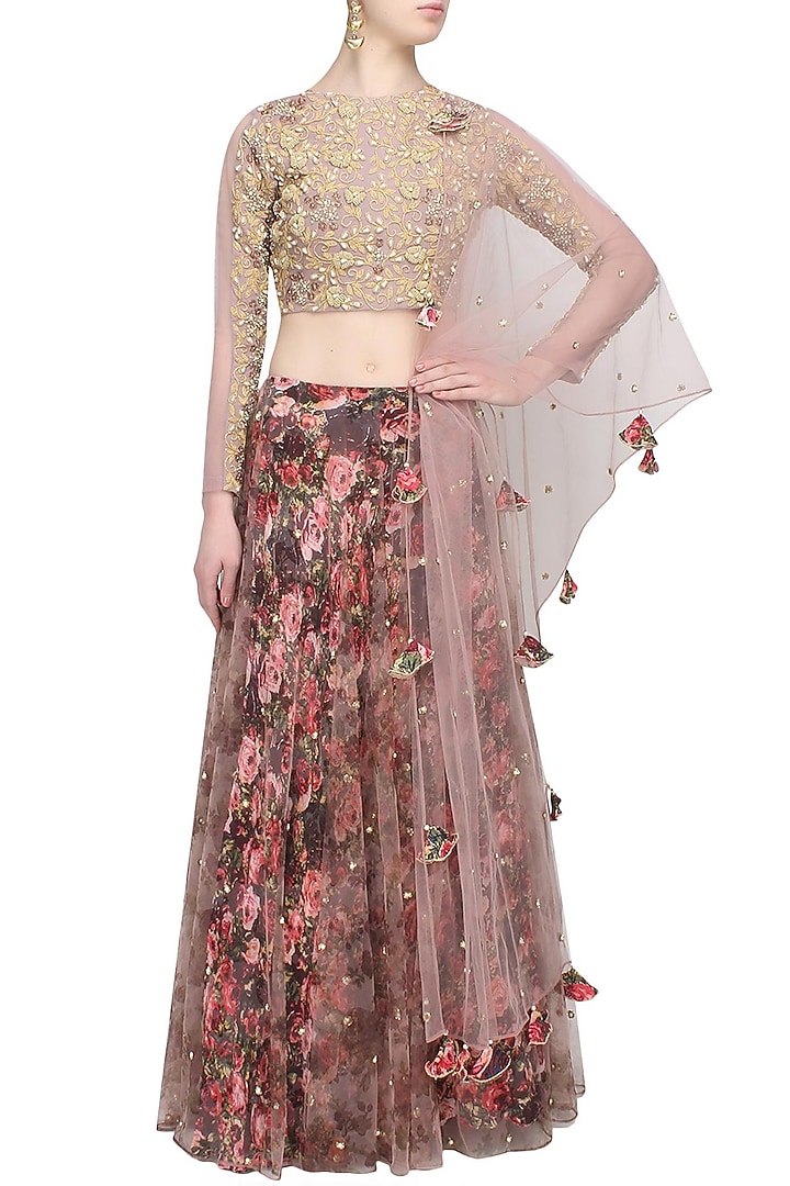 Lilac and red rose printed flared lehenga set with lilac blouse available only at Pernia's Pop Up Shop.