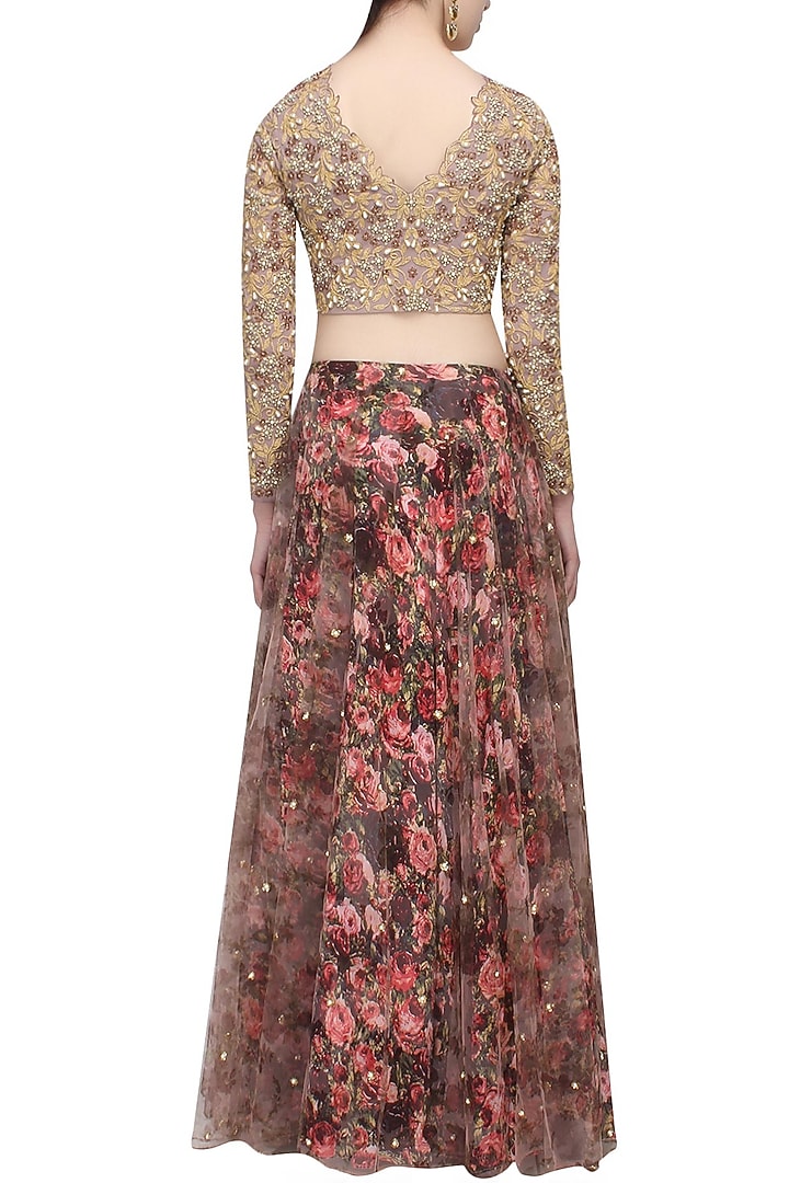 Lilac and red rose printed flared lehenga set with lilac blouse available only at Pernia's Pop Up Shop.