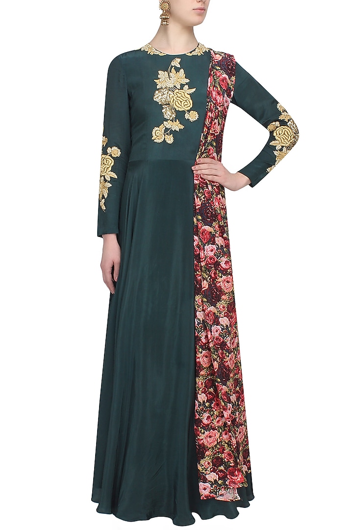 Dark green embroidered anarkali and rose printed dupatta available only at Pernia's Pop Up Shop.
