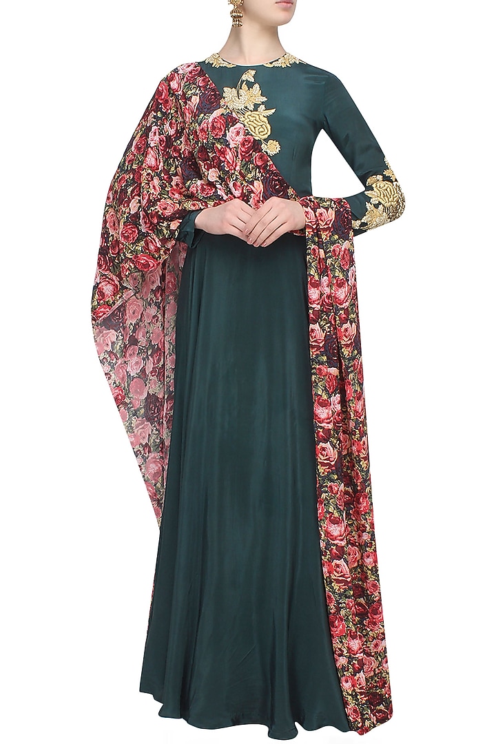 Dark green embroidered anarkali and rose printed dupatta available only at Pernia's Pop Up Shop.