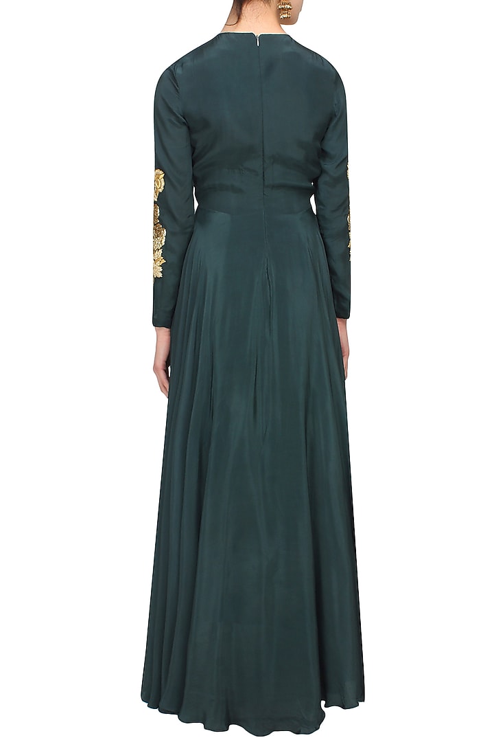 Dark green embroidered anarkali and rose printed dupatta available only at Pernia's Pop Up Shop.