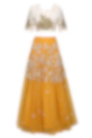 Mustard yellow pearl embroidered lehenga with gota thread work blouse set available only at Pernia's Pop Up Shop.