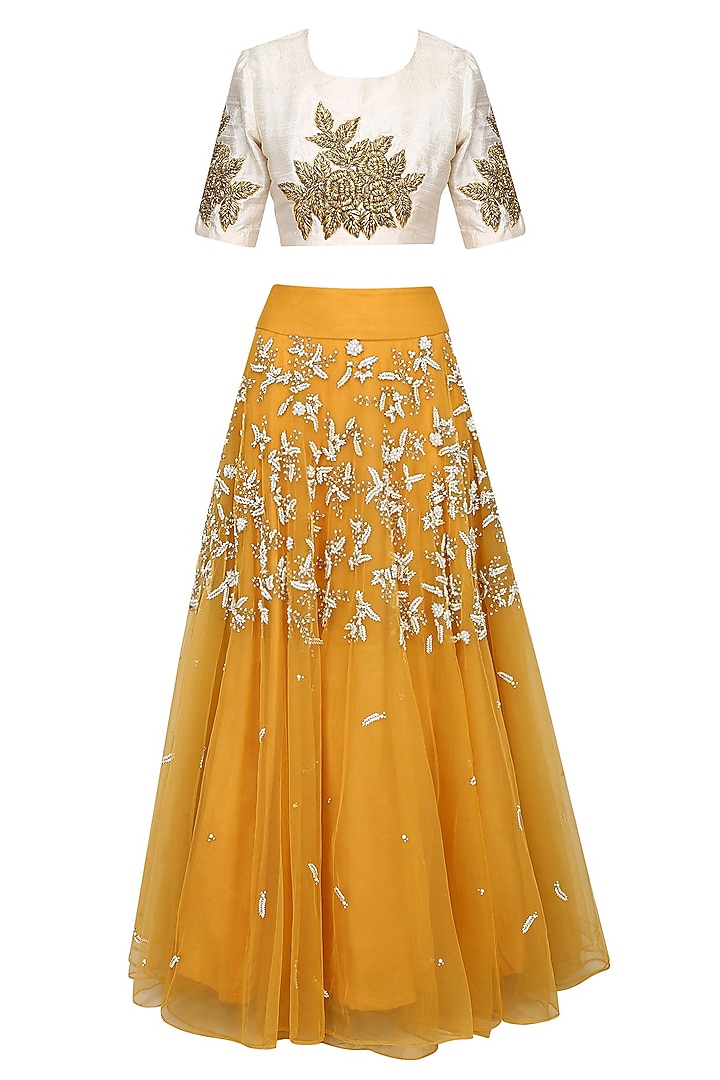 Mustard yellow pearl embroidered lehenga with gota thread work blouse set available only at Pernia's Pop Up Shop.