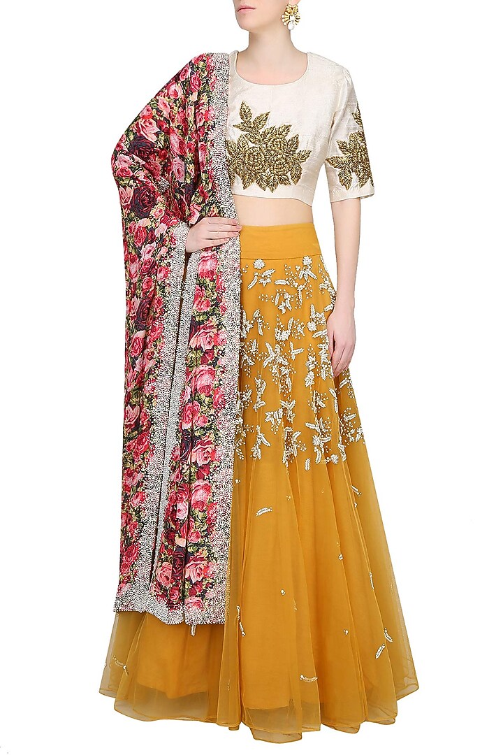 Mustard yellow pearl embroidered lehenga with gota thread work blouse set available only at Pernia's Pop Up Shop.