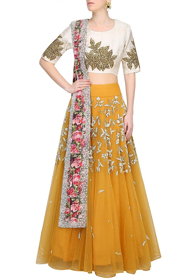 Mustard yellow pearl embroidered lehenga with gota thread work blouse set available only at Pernia's Pop Up Shop.