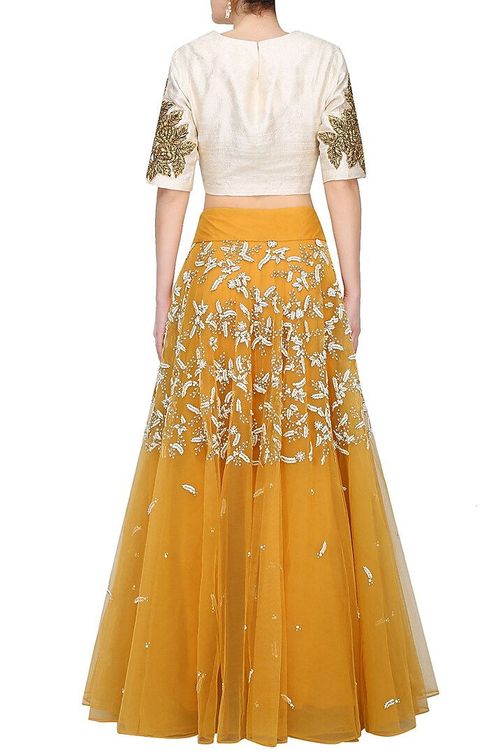Mustard yellow pearl embroidered lehenga with gota thread work blouse set available only at Pernia's Pop Up Shop.