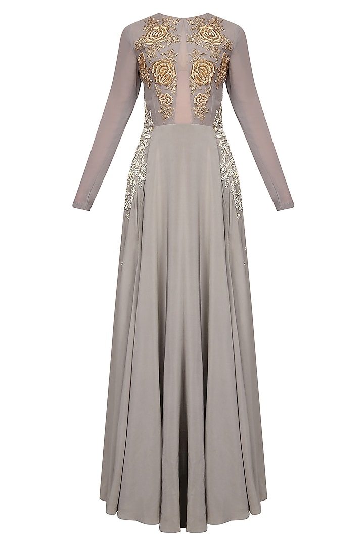 Grey Rosette Motifs Dabka And Pearl Embroidered Evening Gown by Bhumika Sharma