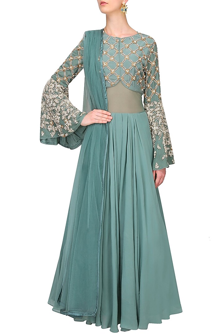 Autumn pearl embroidered flared sleeves anarkali set available only at Pernia's Pop Up Shop.