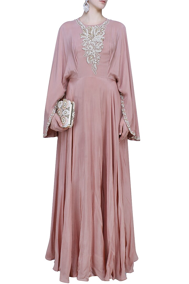 Pink floral motifs embroidered flared sleeves gown available only at Pernia's Pop Up Shop.