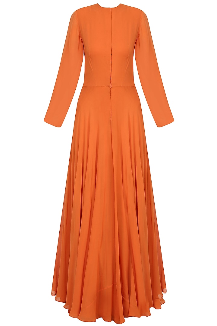 Orange Front Open Dress With Black Rosette Motifs Embroidered Leather Belt by Bhumika Sharma