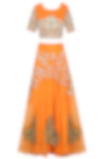 Orange pearl and gota thread work lehenga with matching floral pattern embroidered blouse set available only at Pernia's Pop Up Shop.