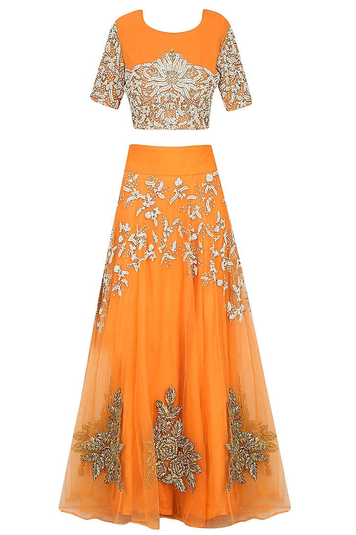 Orange pearl and gota thread work lehenga with matching floral pattern embroidered blouse set available only at Pernia's Pop Up Shop.