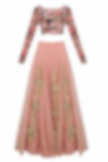 Pink dori and gota thread work lehenga skirt with black rose printed blouse set available only at Pernia's Pop Up Shop.