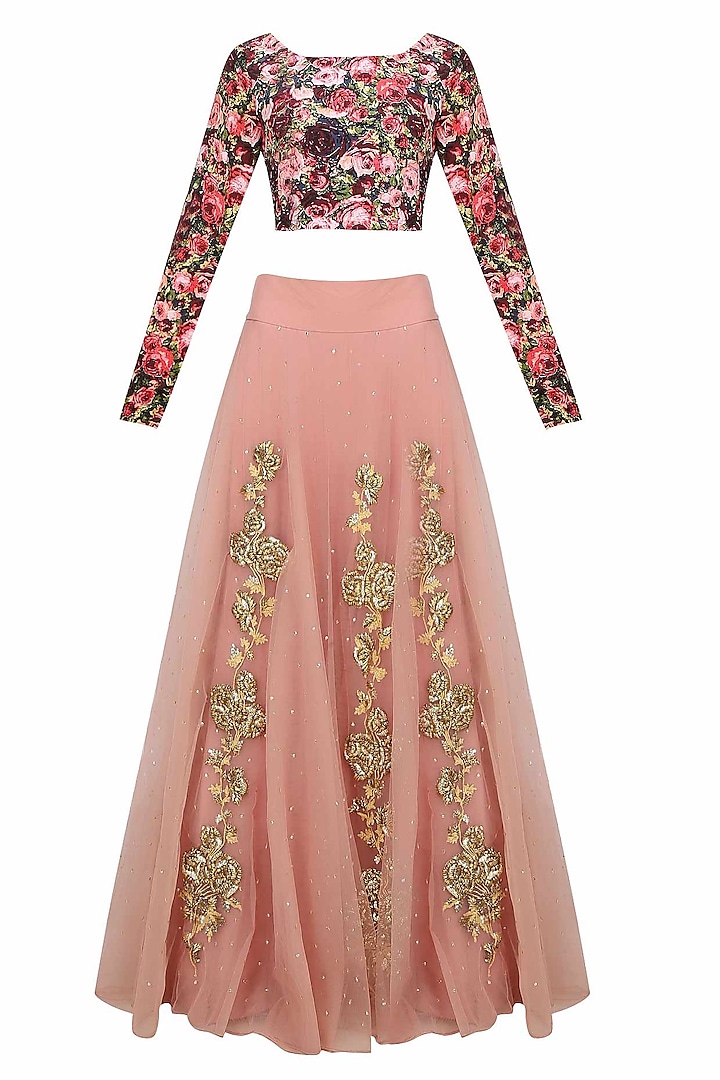 Pink Dori And Gota Thread Work Lehenga Skirt With Black Rose Printed Blouse Set by Bhumika Sharma