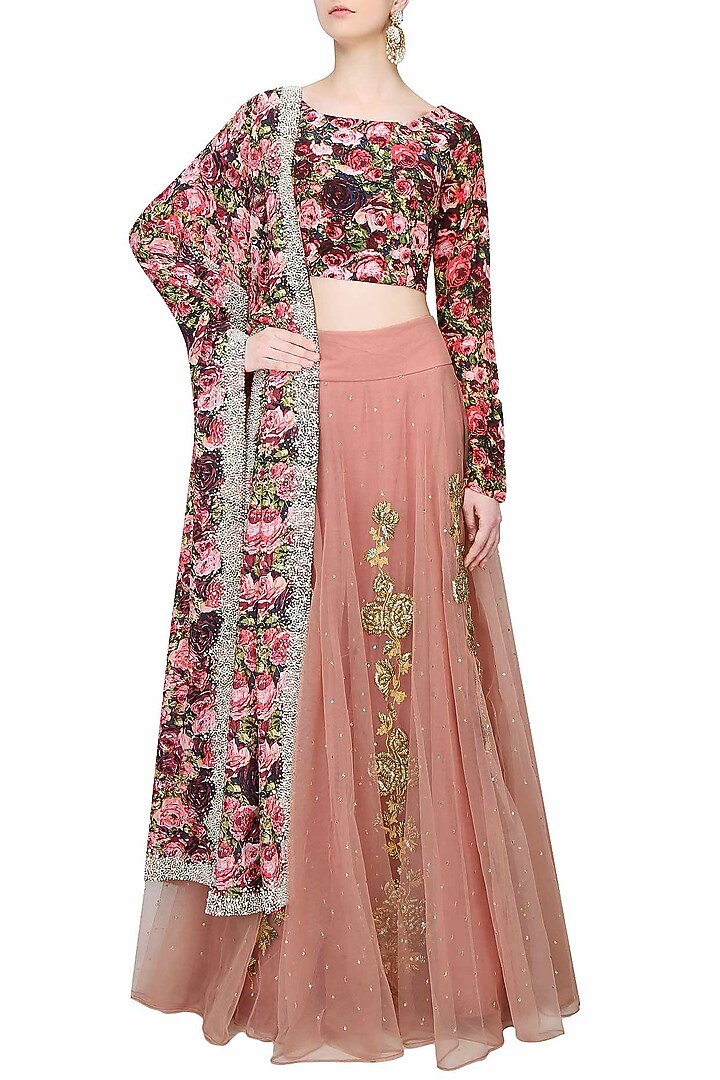 Pink dori and gota thread work lehenga skirt with black rose printed blouse set available only at Pernia's Pop Up Shop.