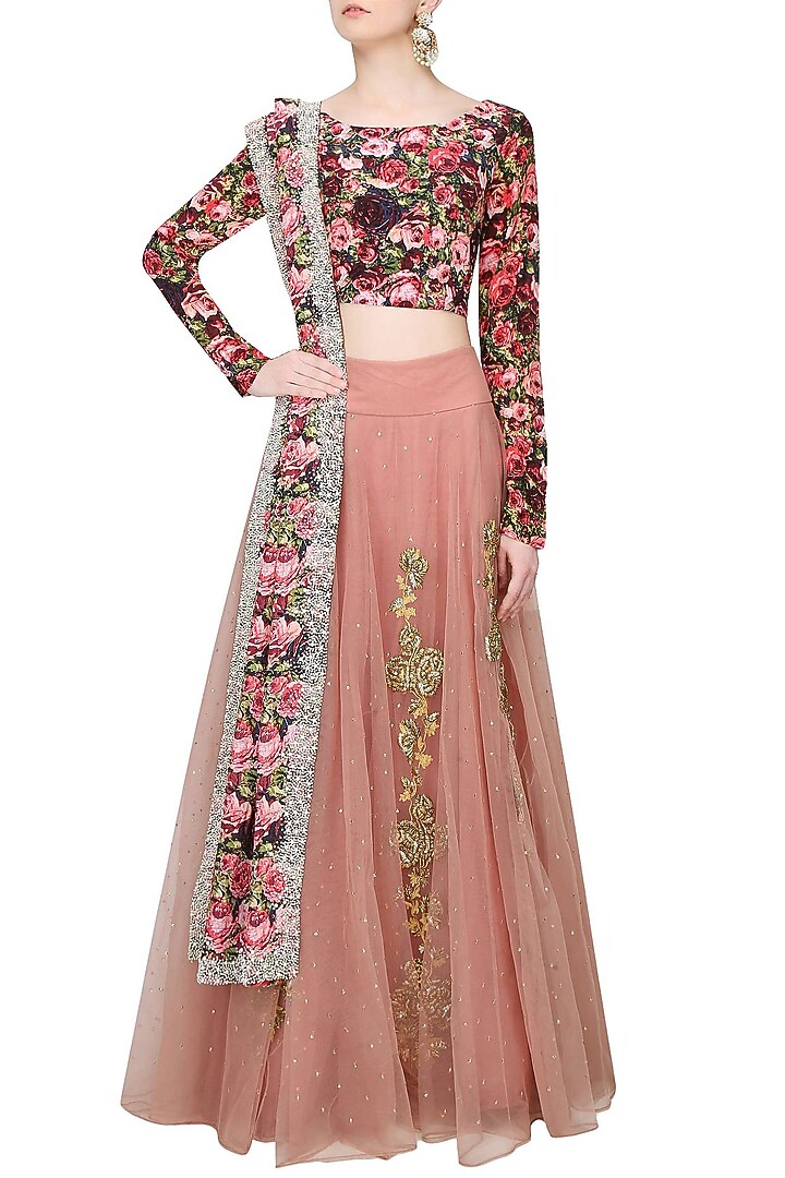 Pink dori and gota thread work lehenga skirt with black rose printed blouse set available only at Pernia's Pop Up Shop.