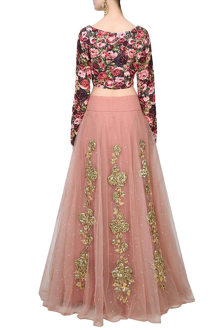 Pink dori and gota thread work lehenga skirt with black rose printed blouse set available only at Pernia's Pop Up Shop.