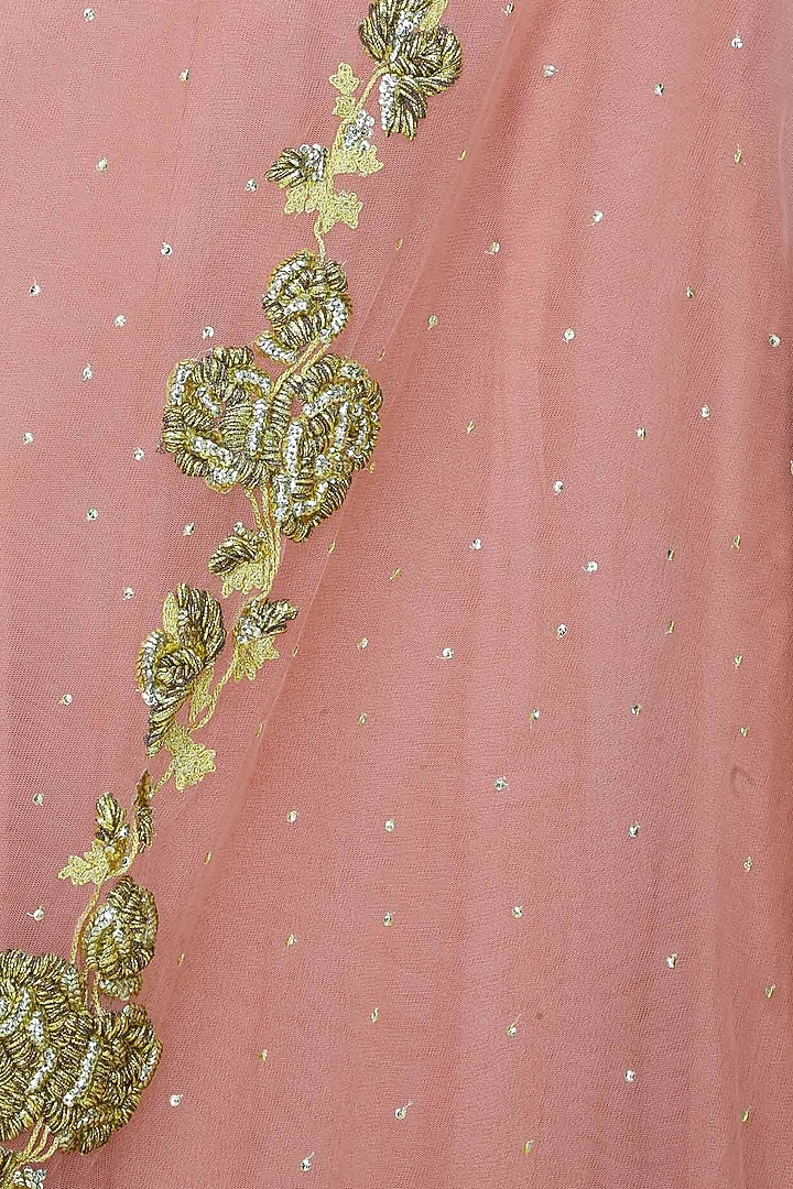 Pink dori and gota thread work lehenga skirt with black rose printed blouse set available only at Pernia's Pop Up Shop.