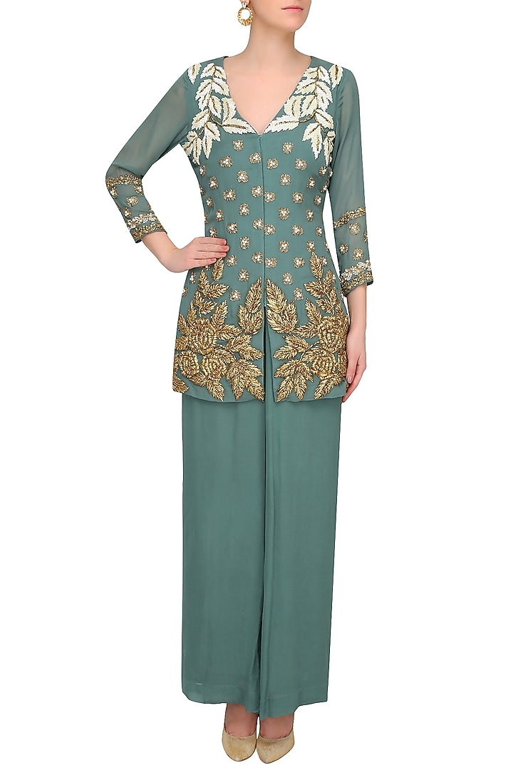 Autumn pearl and gota thread work jacket with matching sequinned gharara pants available only at Pernia's Pop Up Shop.