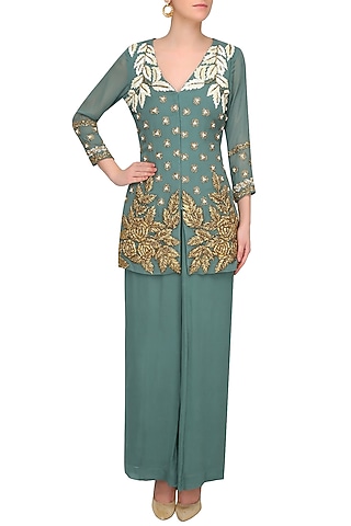 Autumn Pearl And Gota Thread Work Jacket With Matching Sequinned Gharara Pants by Bhumika Sharma