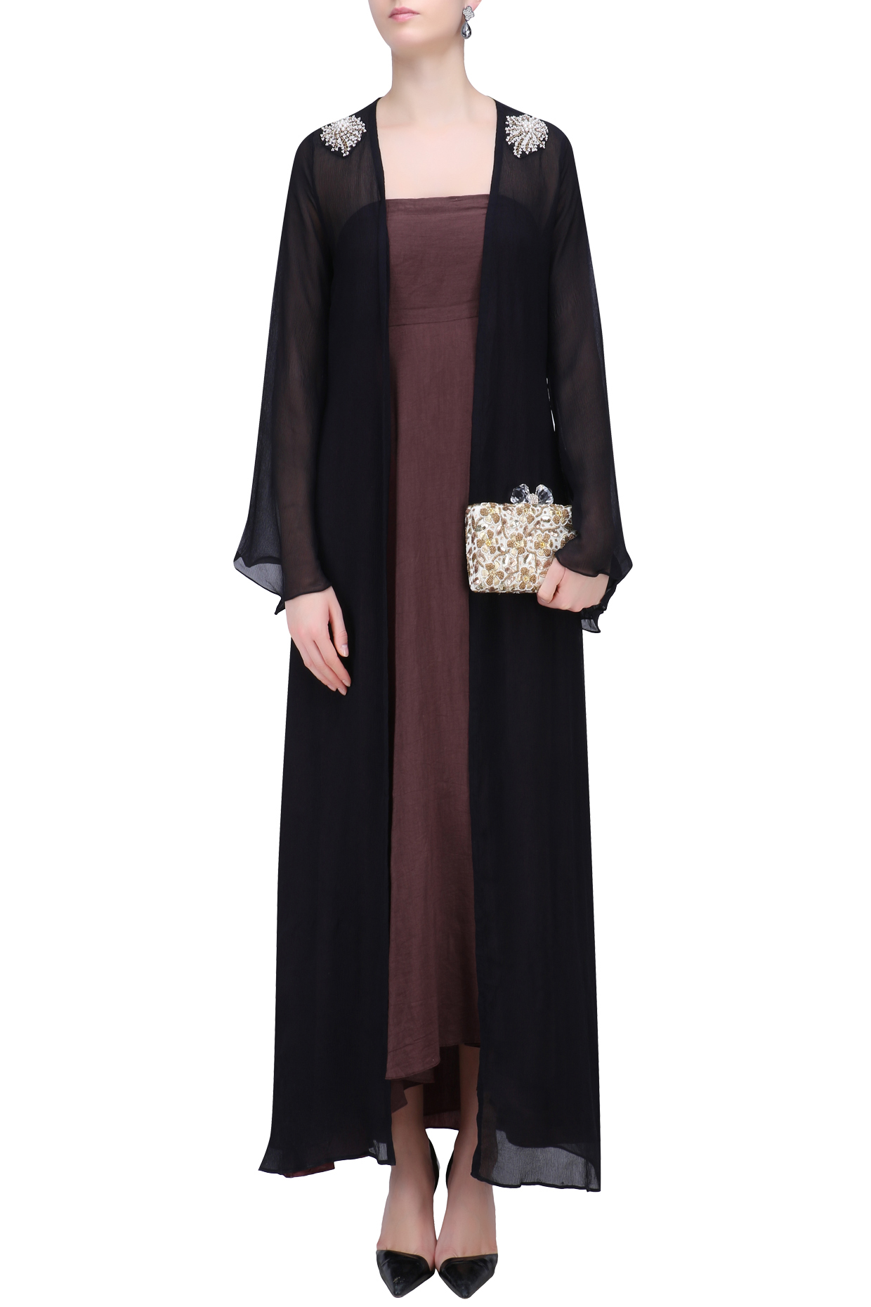 Black pearl embroidery on shoulder cape available only at