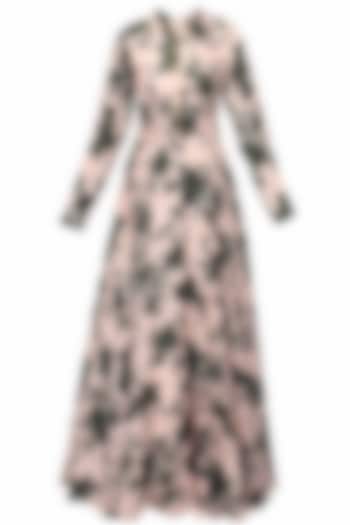 Pink and green floral printed flared anarkali set available only at Pernia's Pop Up Shop.