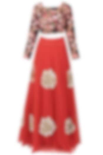Red embroidered rose motifs flared lehenga and multicoloured blouse set available only at Pernia's Pop Up Shop.