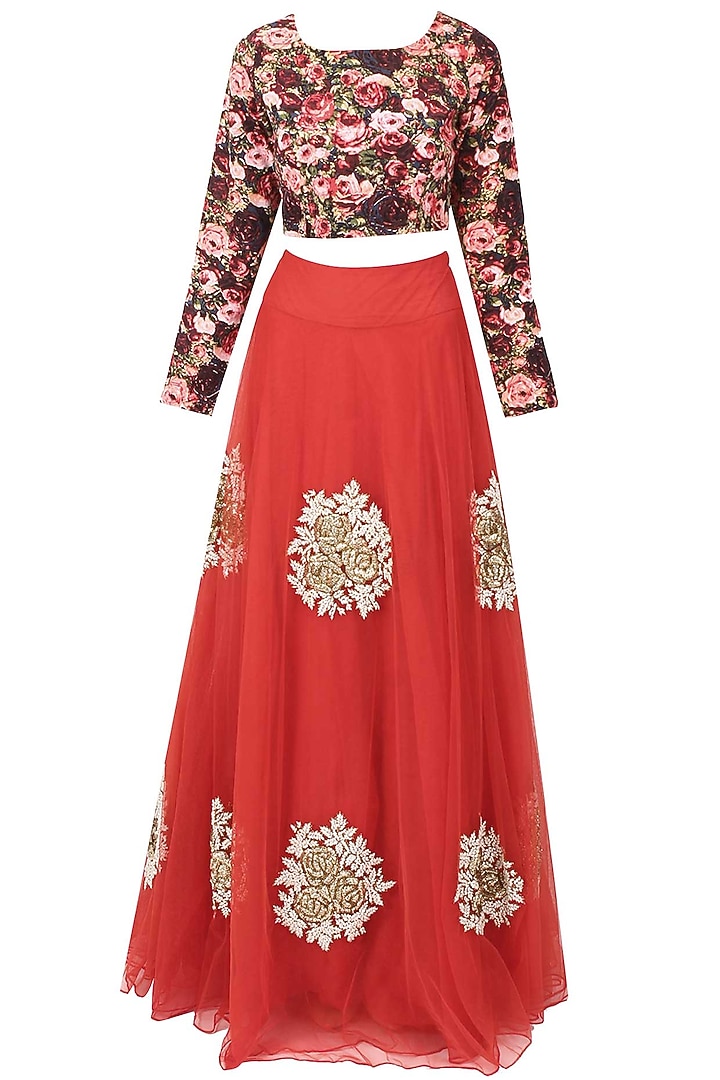 Red embroidered rose motifs flared lehenga and multicoloured blouse set available only at Pernia's Pop Up Shop.
