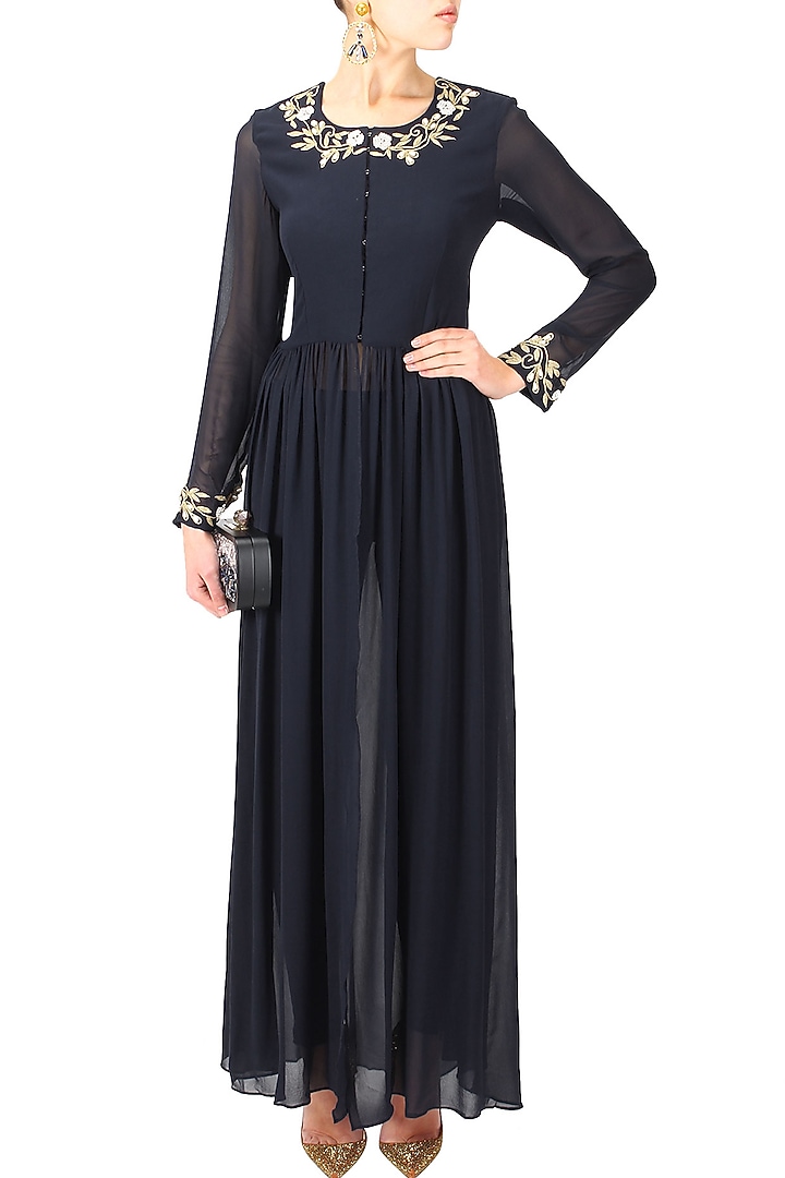 Navy blue floral and leaves embroidered front open cape available only at Pernia's Pop Up Shop.