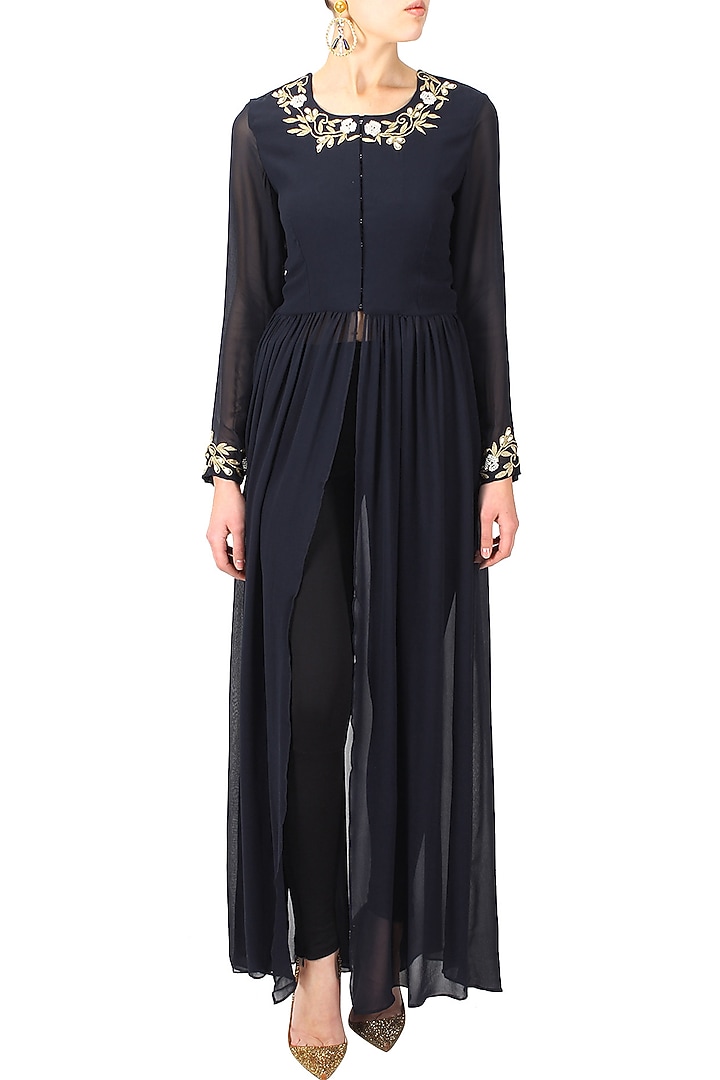 Navy blue floral and leaves embroidered front open cape available only at Pernia's Pop Up Shop.