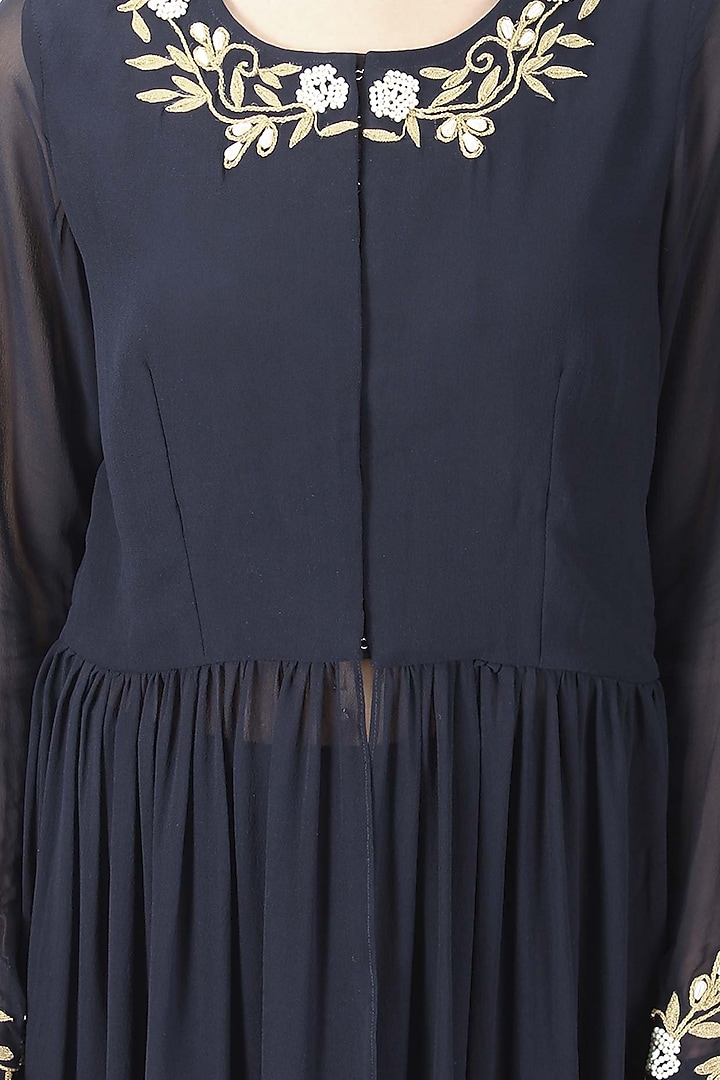 Navy blue floral and leaves embroidered front open cape available only at Pernia's Pop Up Shop.