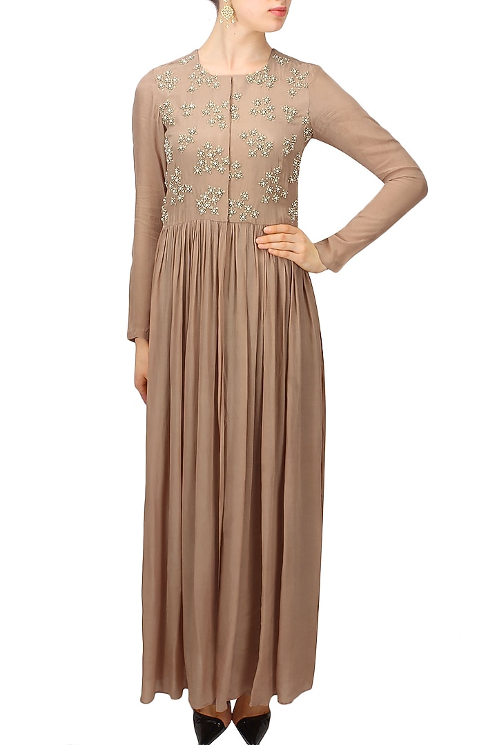 Nude floral embroidered motifs front open cape available only at Pernia's Pop Up Shop.