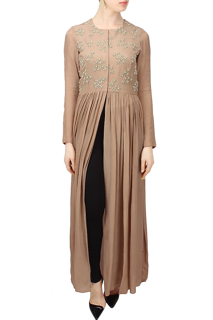 Nude floral embroidered motifs front open cape available only at Pernia's Pop Up Shop.