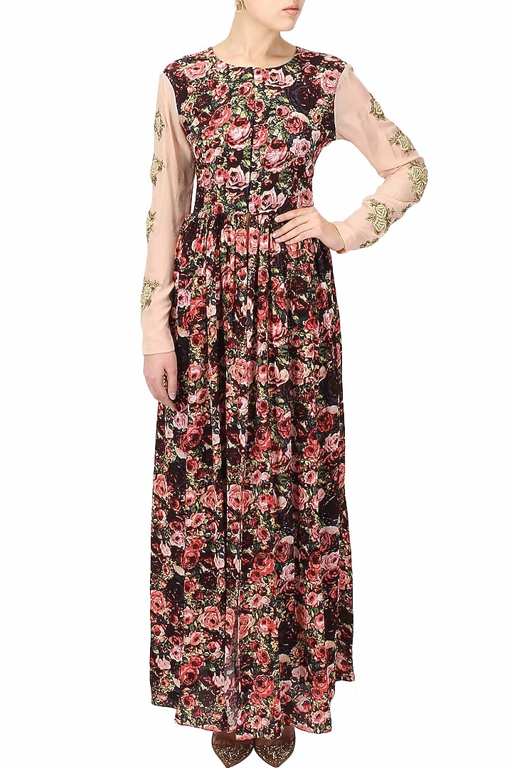 Black rose motifs mulitcoloured printed front open cape available only at Pernia's Pop Up Shop.