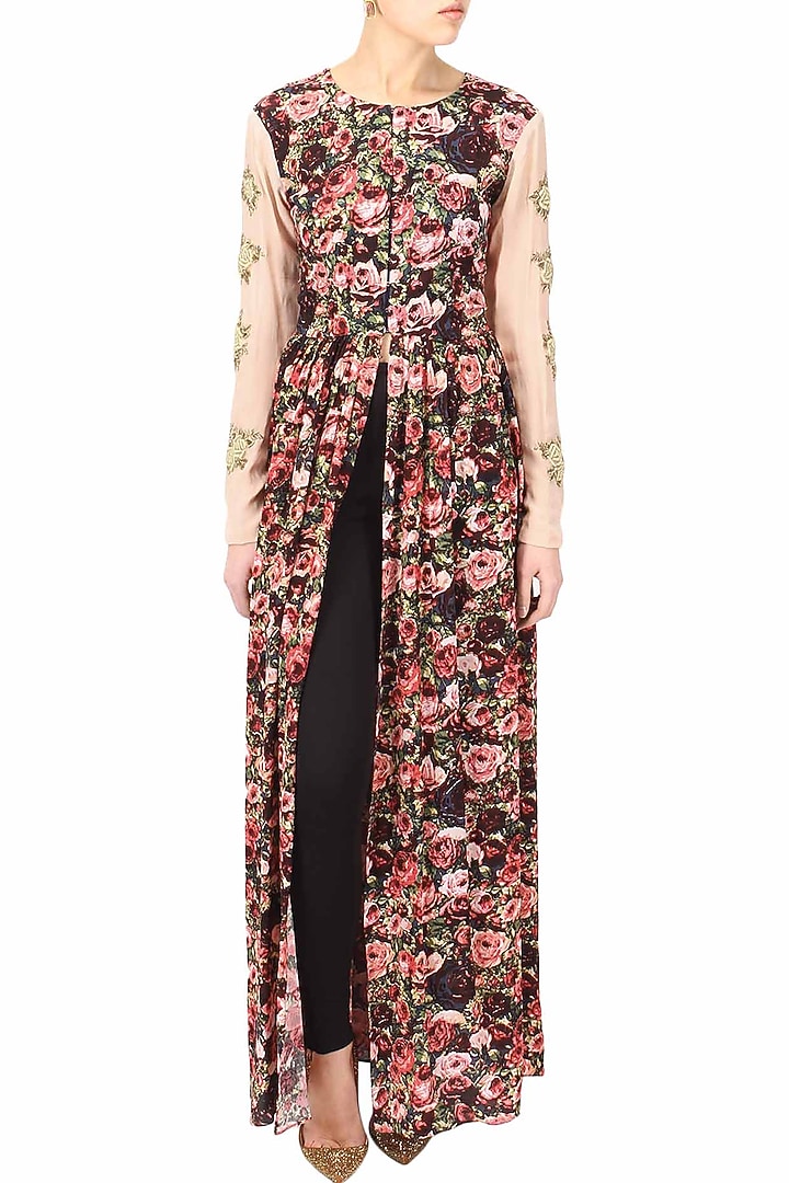 Black rose motifs mulitcoloured printed front open cape available only at Pernia's Pop Up Shop.