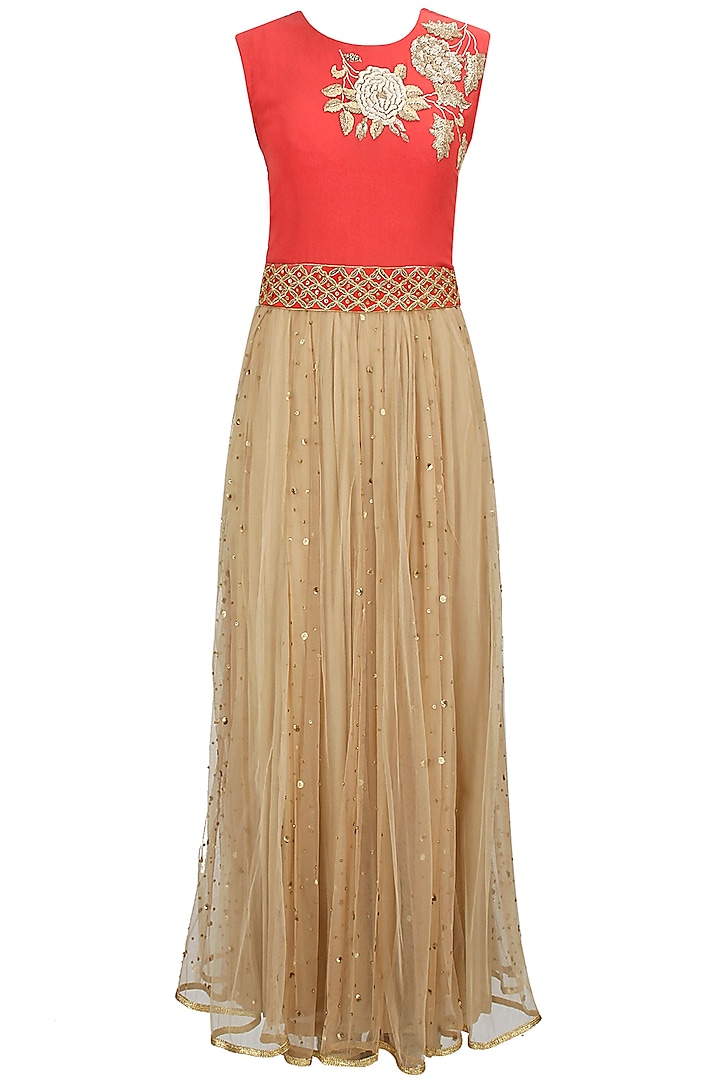 Beige & Red Floral Sequins Embroidered Anarkali by Bhumika Sharma