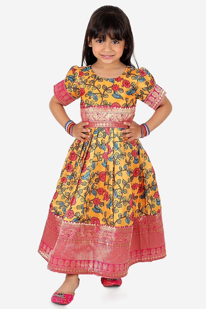 Yellow Silk Blend Kalamkari Printed Dress For Girls by BownBee at Pernia's Pop Up Shop