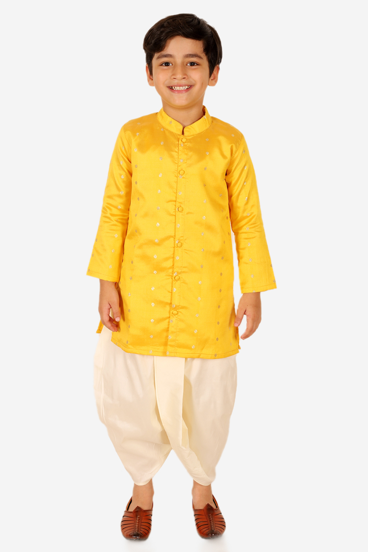 Yellow Taffeta Silk Kurta Set For Boys by BownBee at Pernia's Pop Up Shop