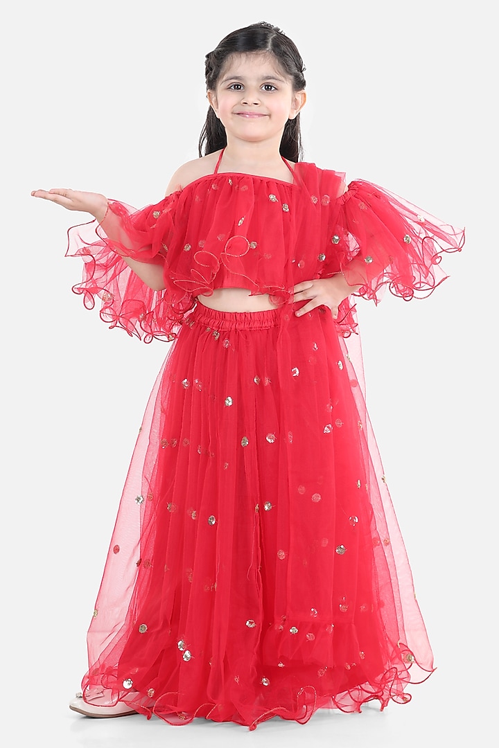 Red Net Sequins Embroidered Lehenga Set For Girls by BownBee at Pernia's Pop Up Shop