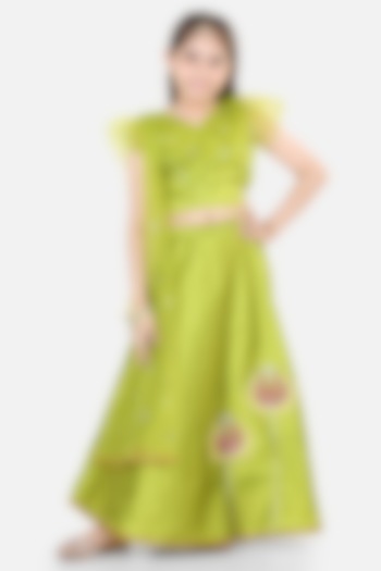 Green Net Sequins Lotus Embroidered Lehenga Set For Girls by BownBee at Pernia's Pop Up Shop