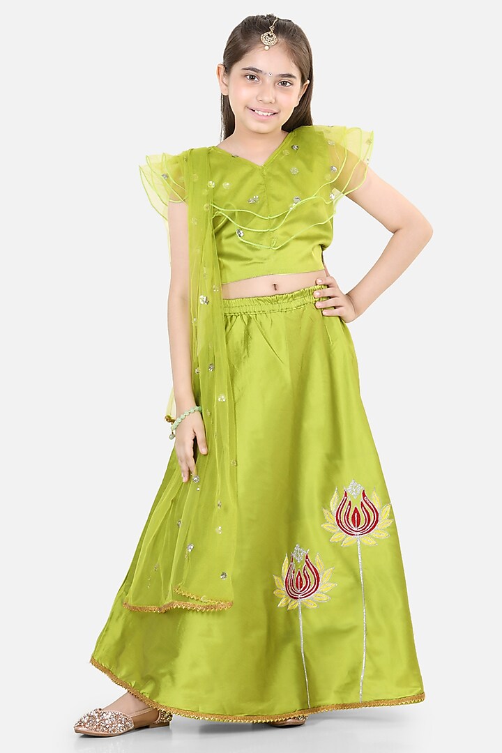 Green Net Sequins Lotus Embroidered Lehenga Set For Girls by BownBee at Pernia's Pop Up Shop