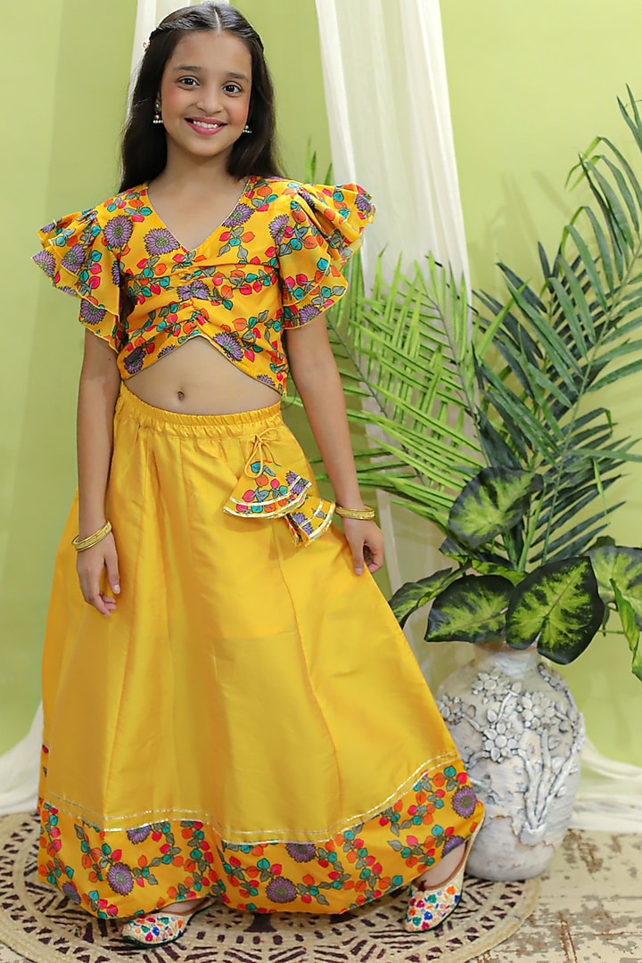 Yellow Chanderi Lehenga Set For Girls by BownBee at Pernia's Pop Up Shop