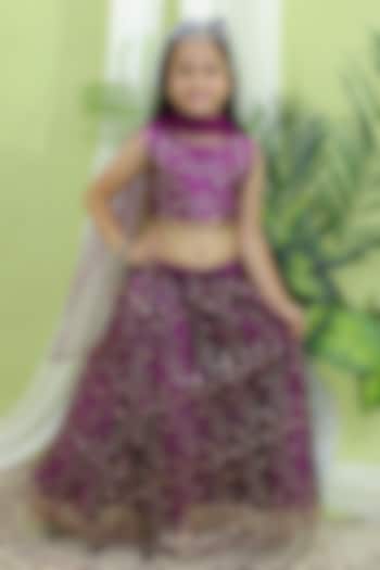 Wine Net Sequins Embroidered Lehenga Set For Girls by BownBee at Pernia's Pop Up Shop